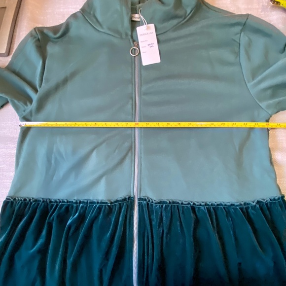 Green Velvet Teal Tier Zip Up Hooded Sweatshirt Style Top- Sz-2XL - Picture 13 of 16